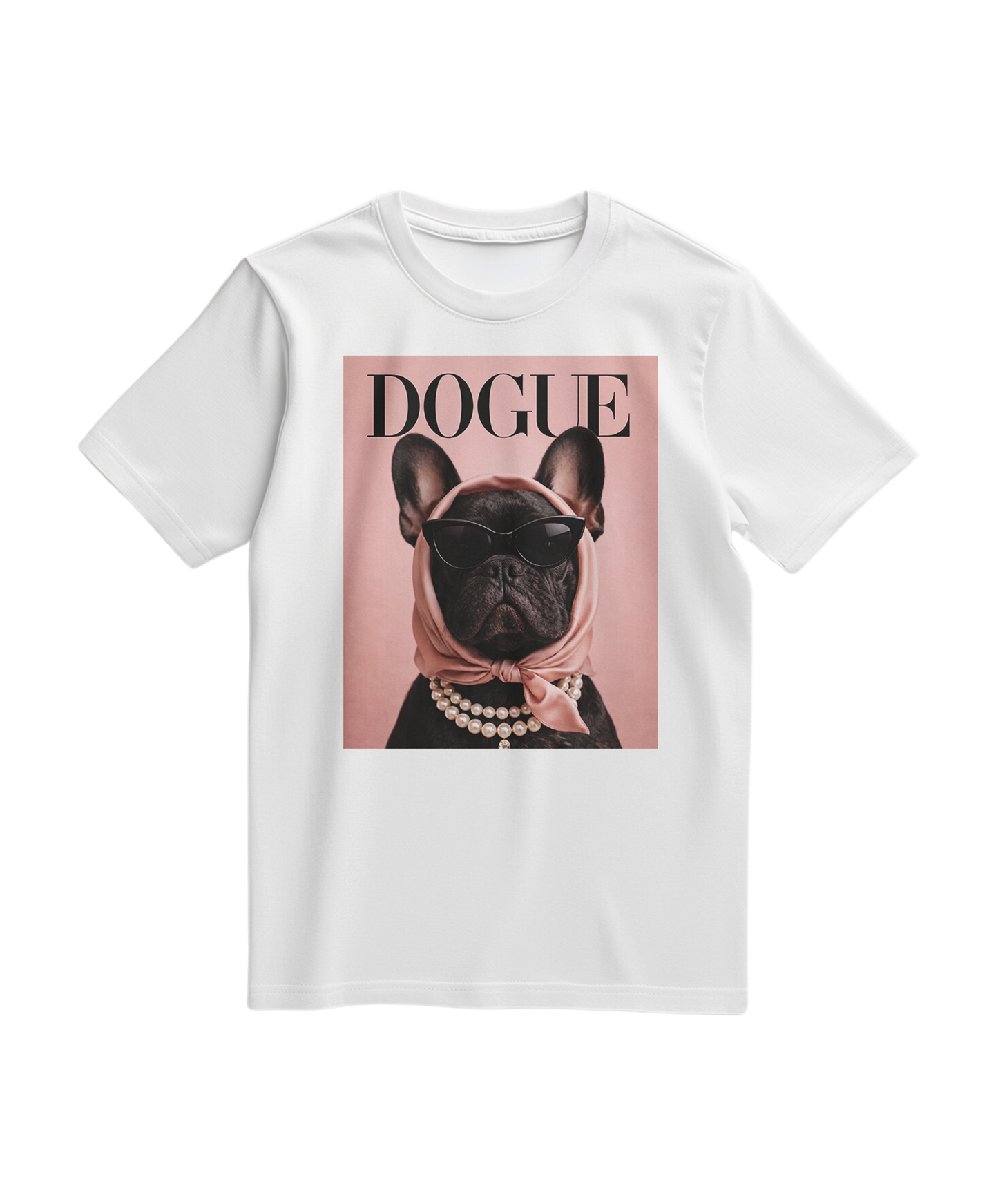 Camiseta branca The Frenchie Muse da Camalestore, t-shirt casual com estampa de um French Bulldog.