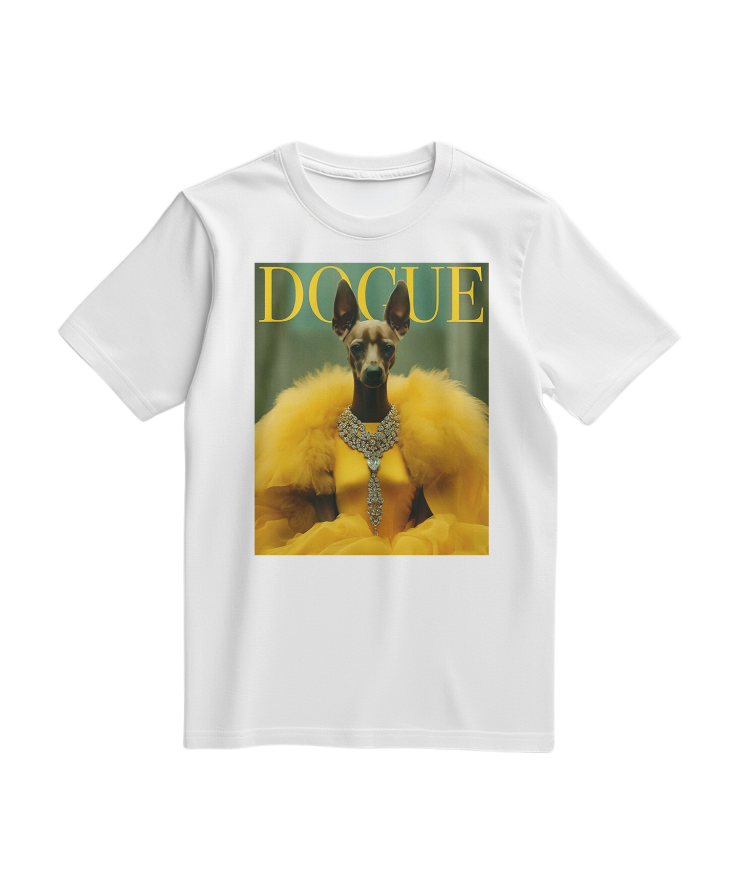 Camiseta branca Dogue Majestic da Camalestore, com estampa de cão majestoso, vista frontal.