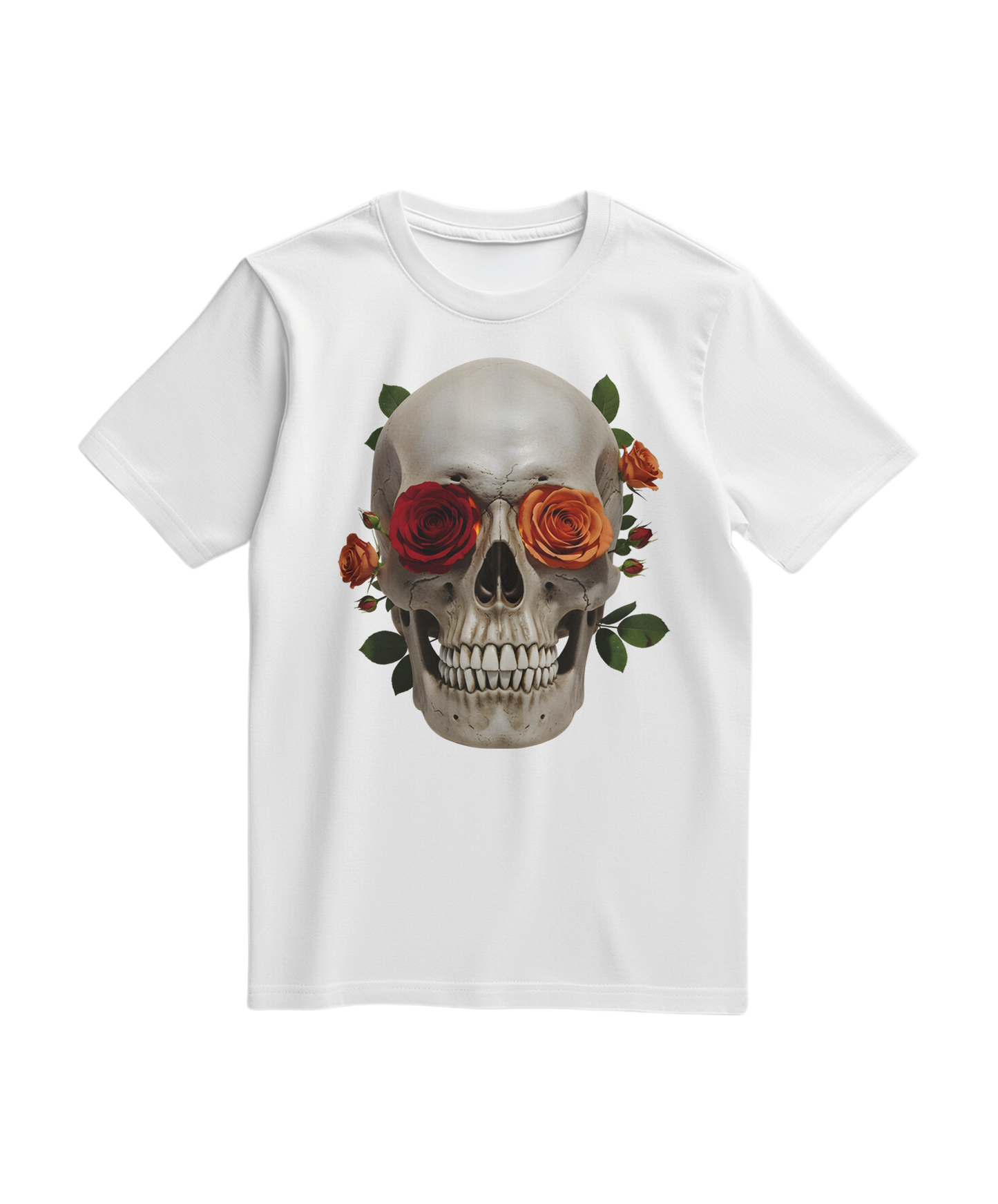 Camiseta branca Camalestore com estampa de caveira e rosa, estilo casual e moderno, vista frontal do produto.