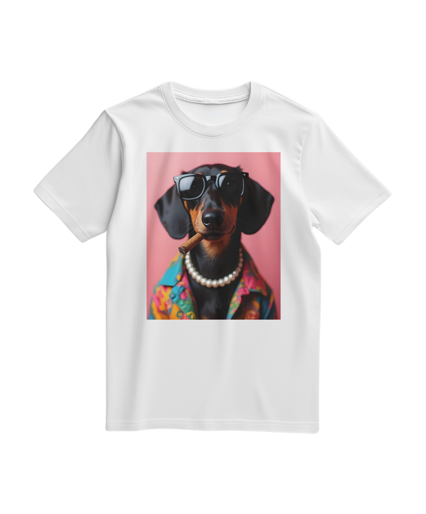 Camiseta branca com estampa de Dachshund fumando, estilo casual e divertido, da marca Camalestore.