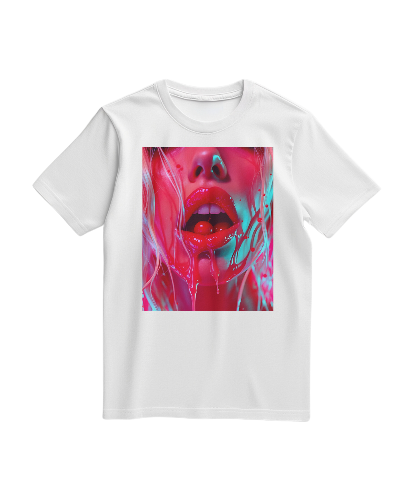 Camiseta branca Cherry Glaze da Camalestore com estampa de cereja e design casual, vista frontal mostrando detalhes do tecido.