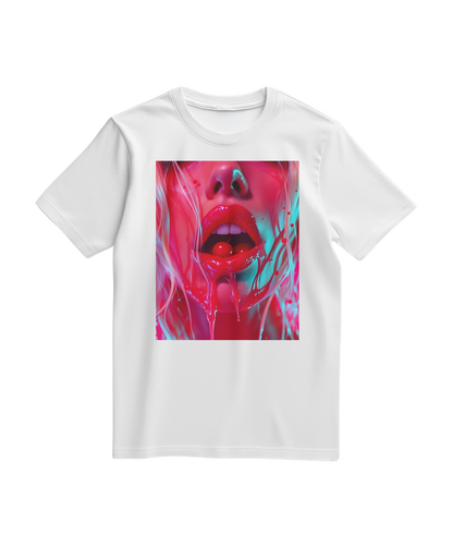Camiseta branca Cherry Glaze da Camalestore com estampa de cereja e design casual, vista frontal mostrando detalhes do tecido.