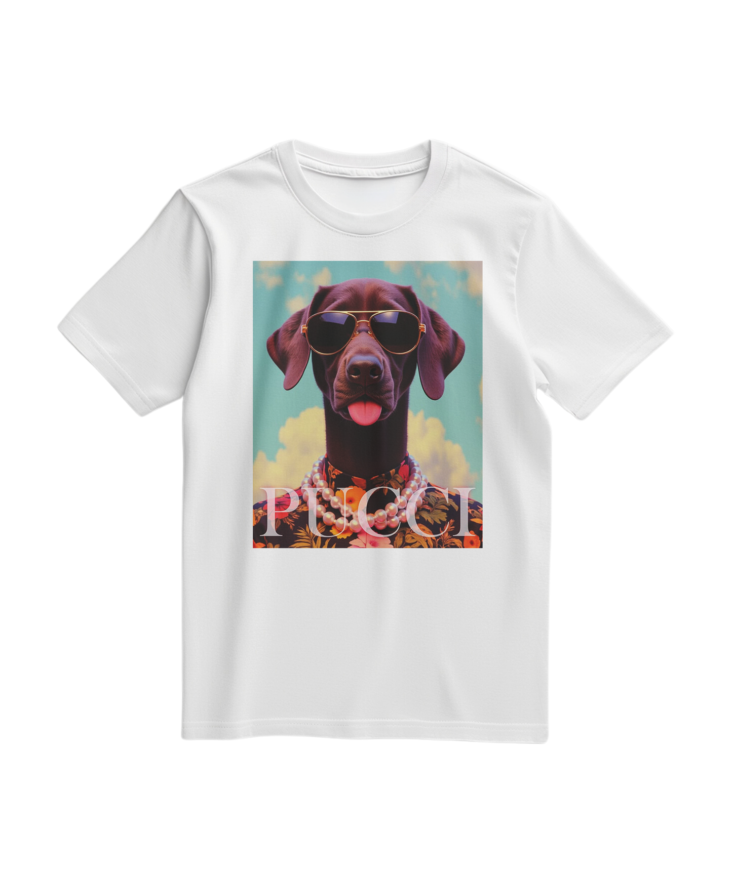 T-shirt branca com estampa tropical e cão, produto da marca Camalestore, com design colorido e detalhes visuais vibrantes