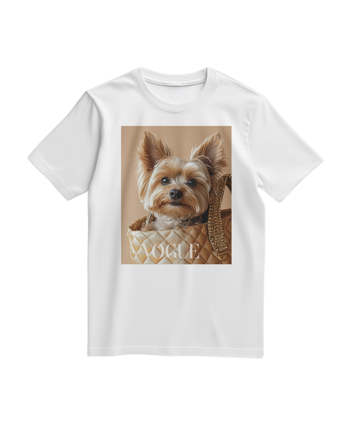 Camiseta branca Yorkie Muse da Camalestore com estampa de cachorro Yorkie, vista frontal, tecido confortável e casual.