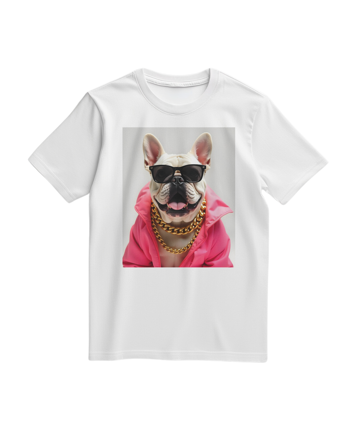 Camiseta Bulldog Azure Pop da Camalestore, t-shirt branca com estampa de cachorro Bulldog em destaque na imagem.