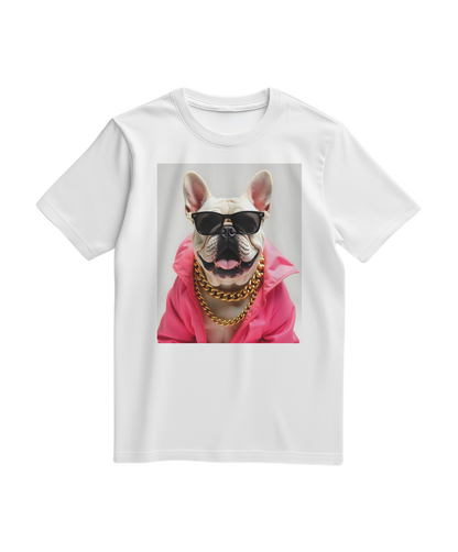 Camiseta Bulldog Azure Pop da Camalestore, t-shirt branca com estampa de cachorro Bulldog em destaque na imagem.