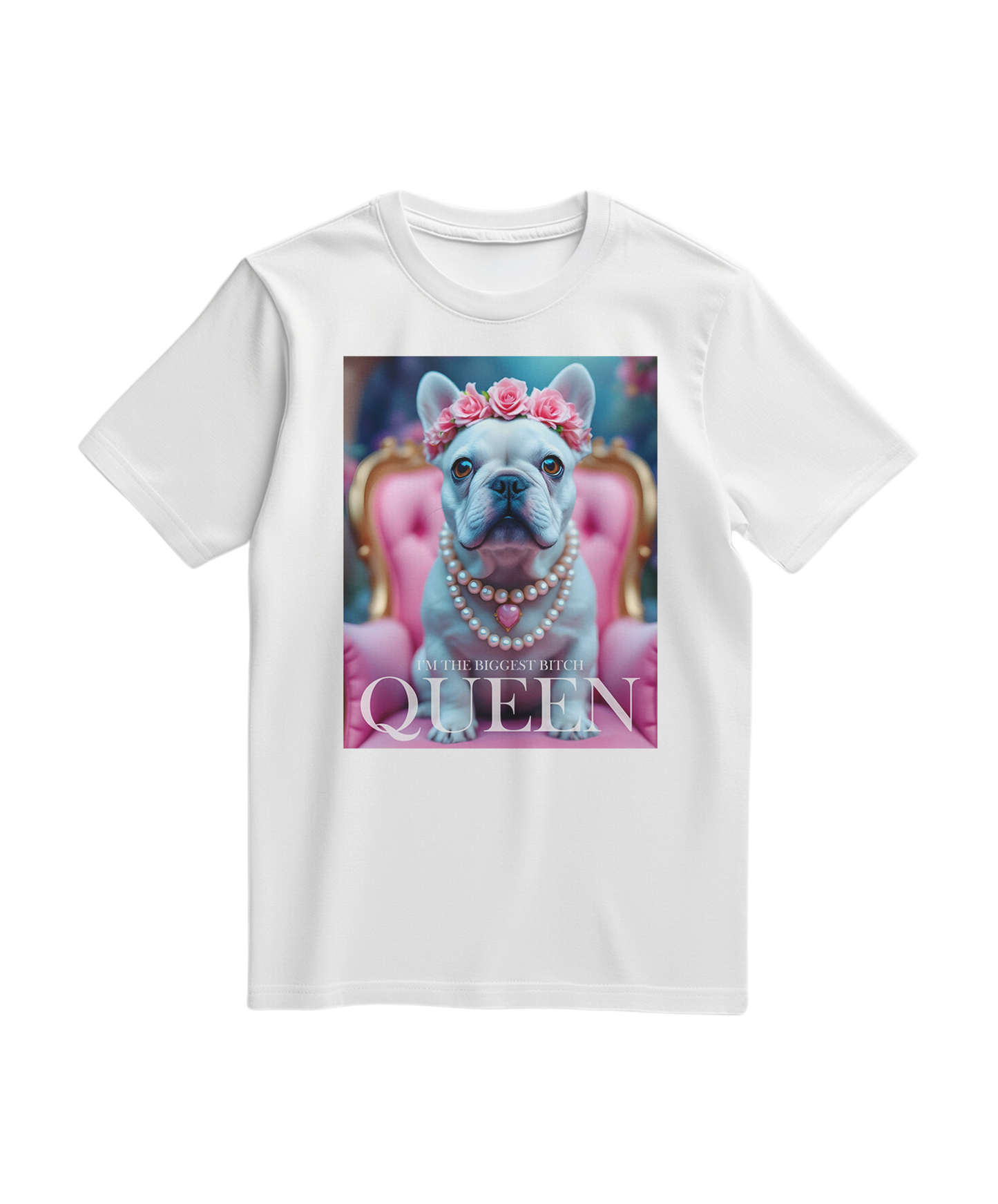 Camiseta branca Camalestore com estampa de cão Frenchie, estilo casual, exibida na imagem.