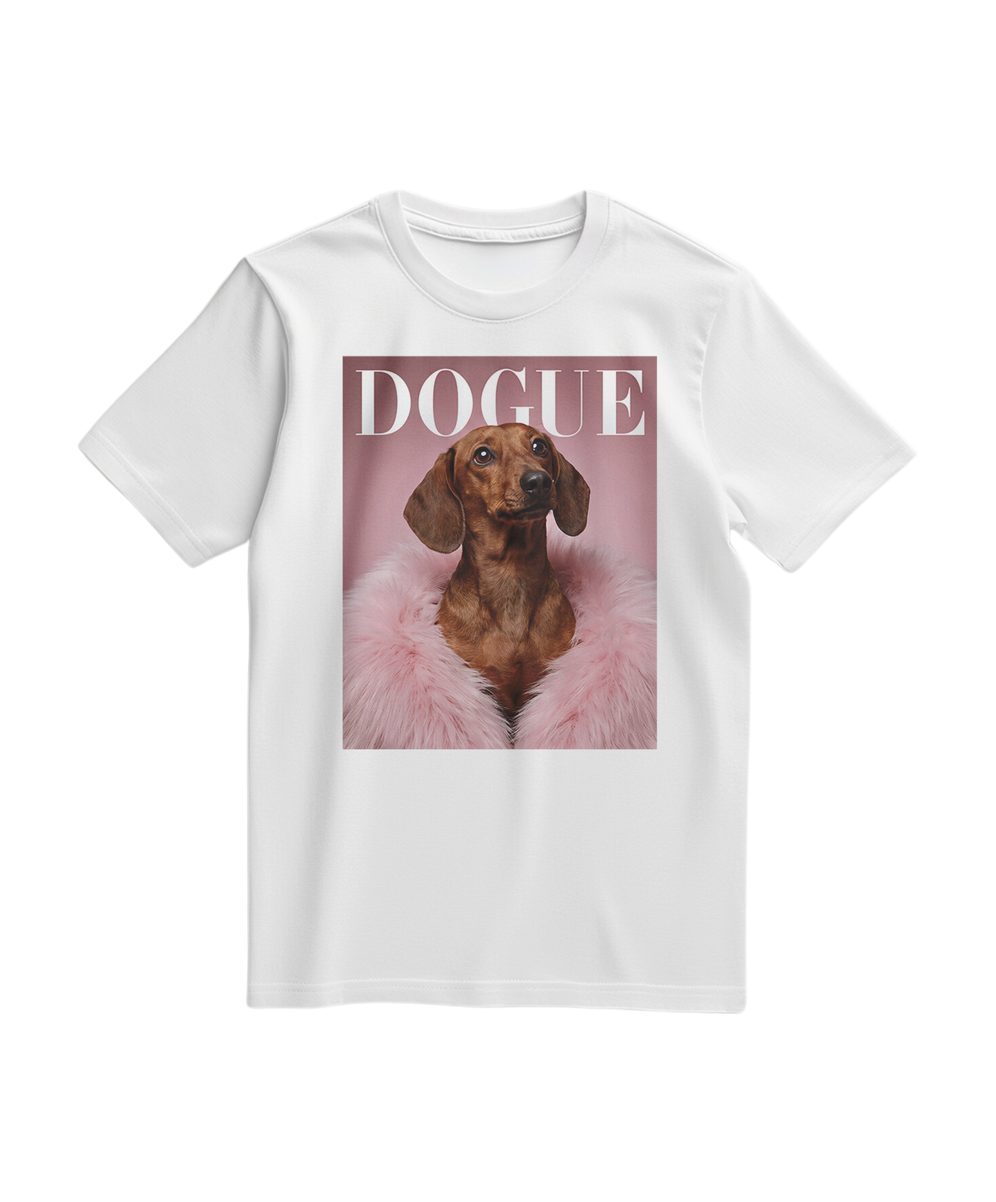 Camiseta branca Dachshund Muse da Camalestore, com estampa de cachorro Dachshund, vista frontal.
