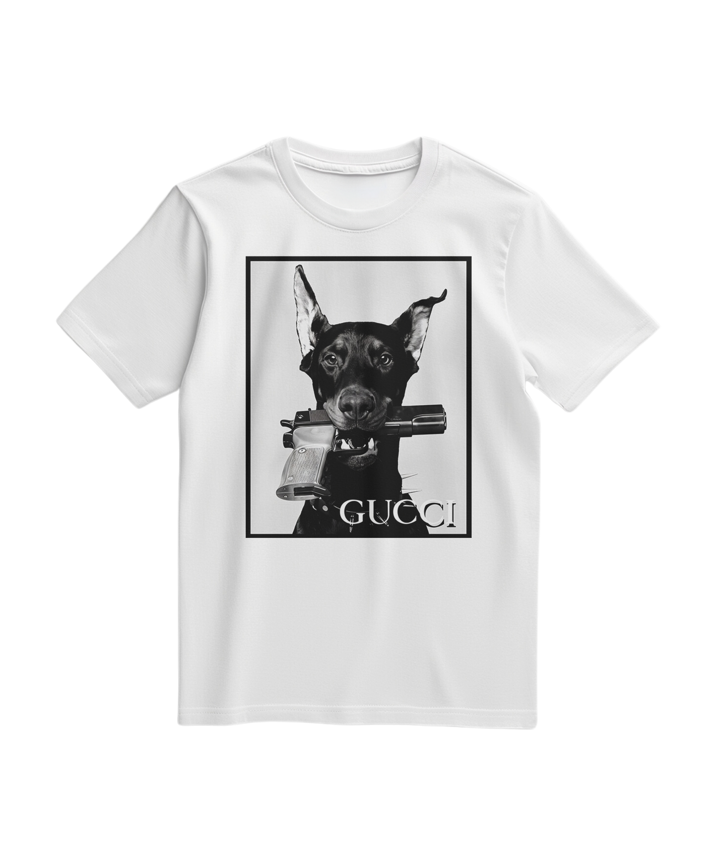 Camiseta branca Dog Amunition da Camalestore, camiseta de algodão com estampa de cachorro e texto divertido.