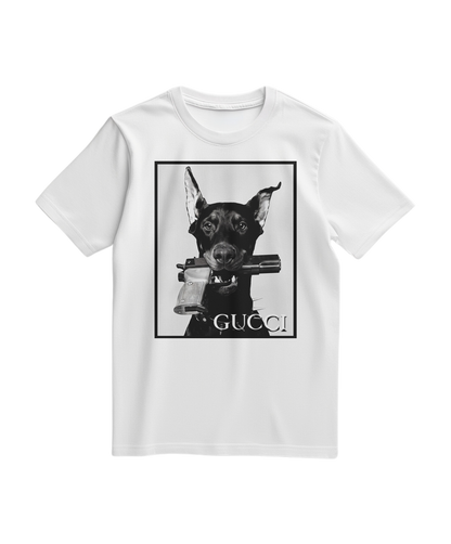 Camiseta branca Dog Amunition da Camalestore, camiseta de algodão com estampa de cachorro e texto divertido.