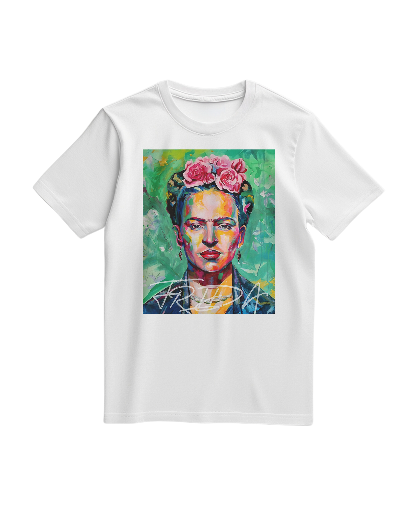 Camiseta Kahlo Chromatic branca da Camalestore, com design colorido e detalhes artísticos visíveis na imagem.