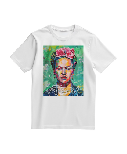 Camiseta Kahlo Chromatic branca da Camalestore, com design colorido e detalhes artísticos visíveis na imagem.