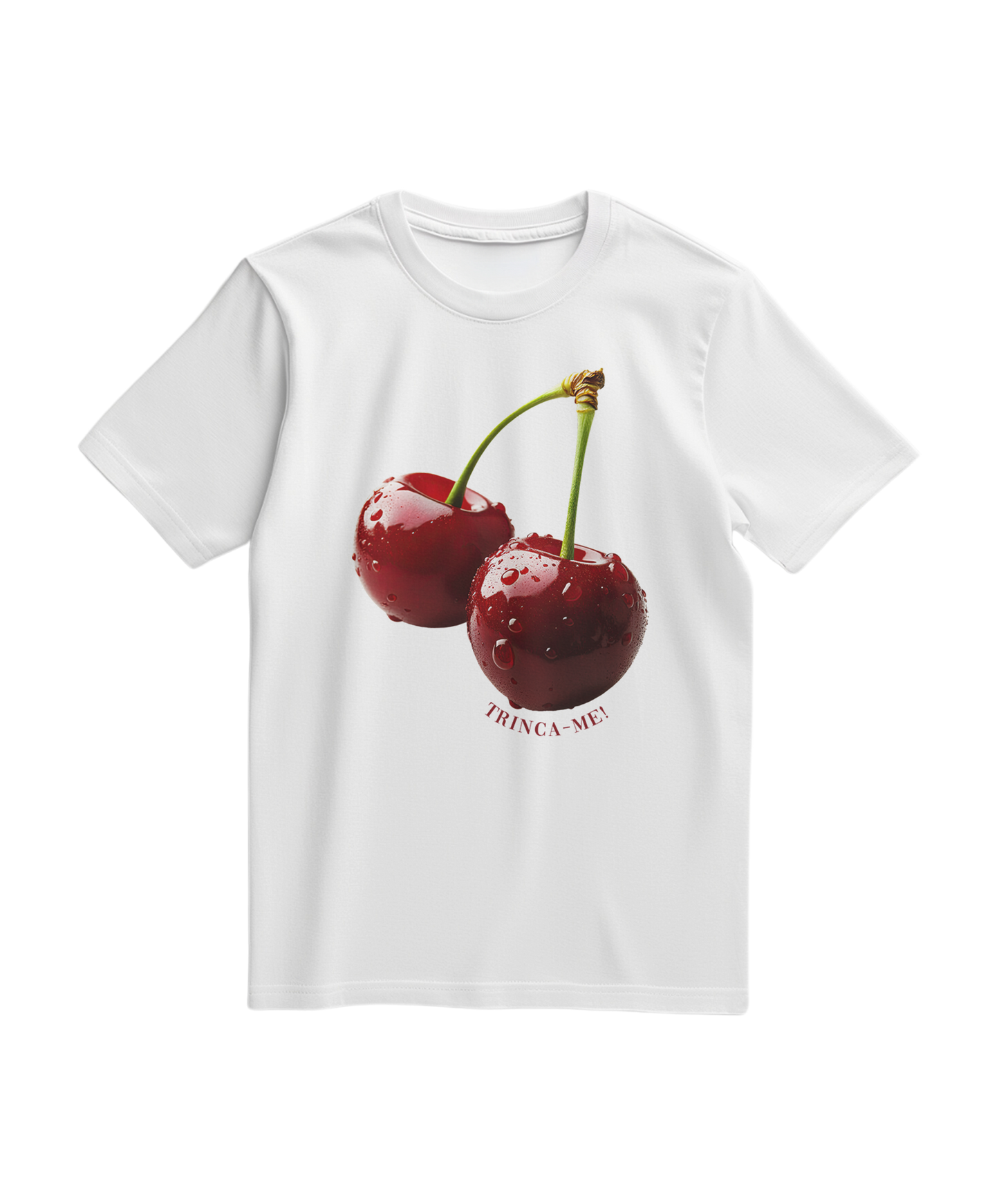 Camiseta branca Cherry Bite Me da Camalestore, design com ilustração de cereja mordida na frente, estilo casual e confortável.