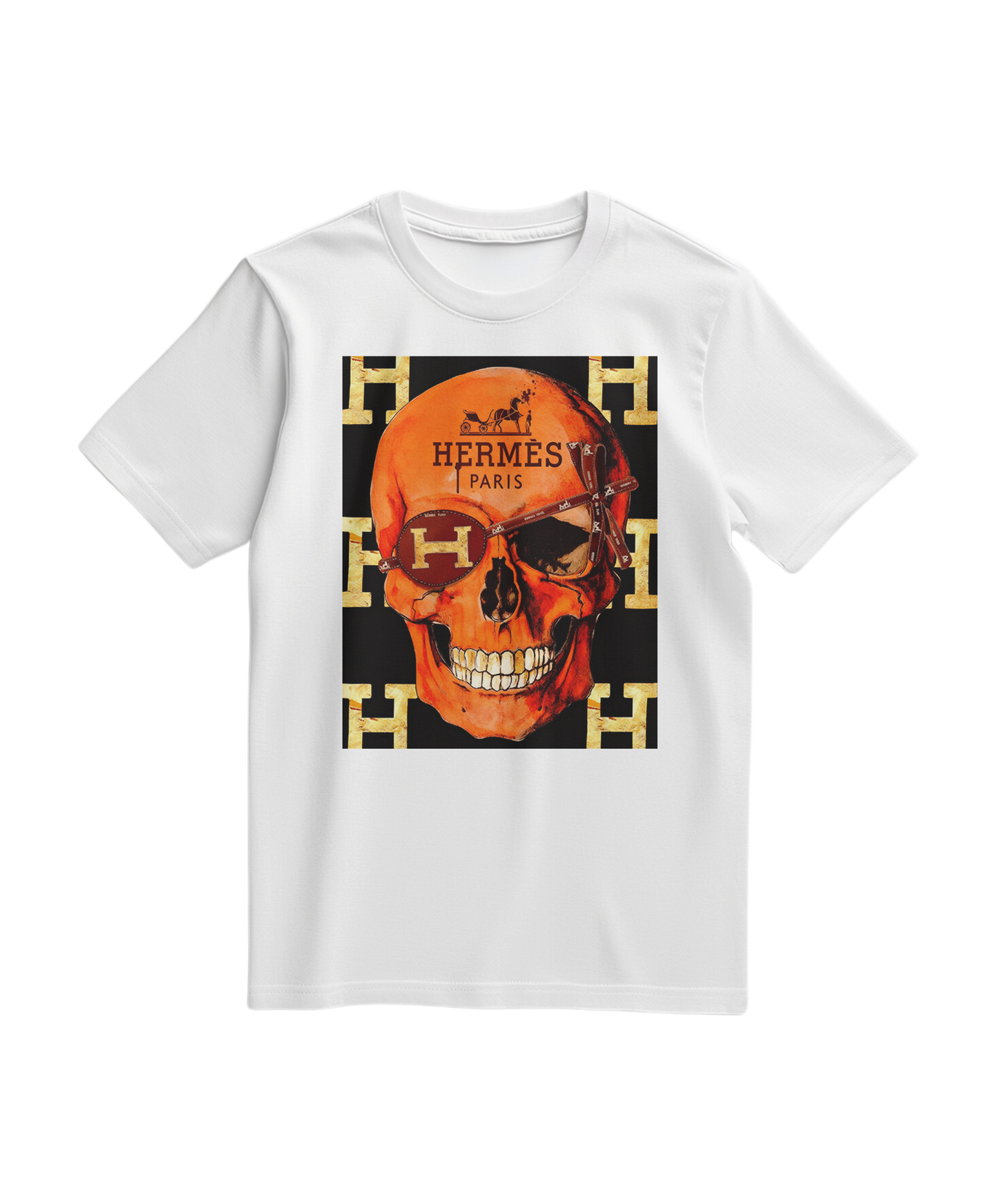 Camalestore camiseta branca com estampa de caveira icônica, estilo skull, modelo casual, vista frontal com detalhes na estampa.