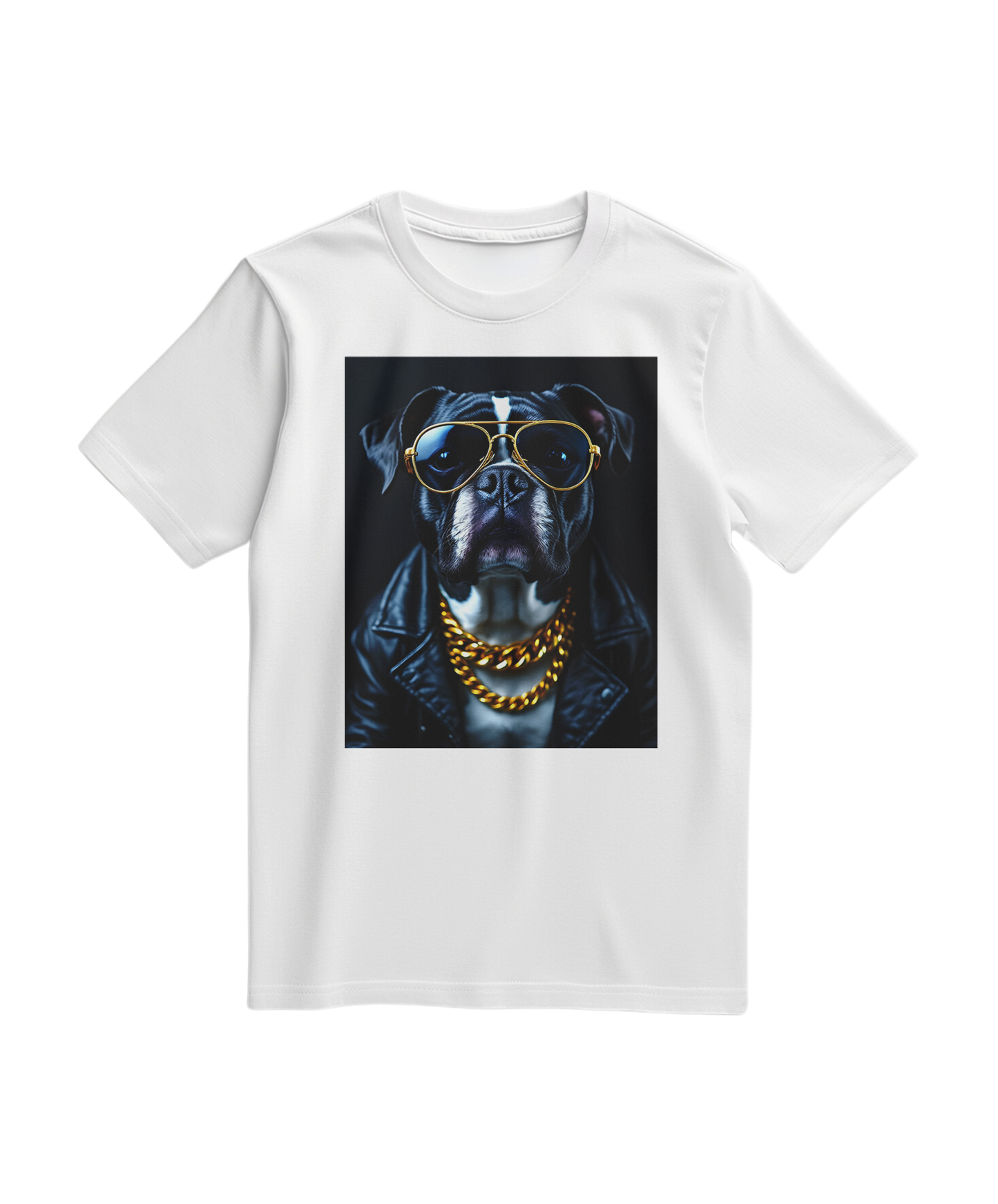 Camiseta branca Golden Rocker da Camalestore, com design gráfico na frente, feita de tecido confortável para uso casual.