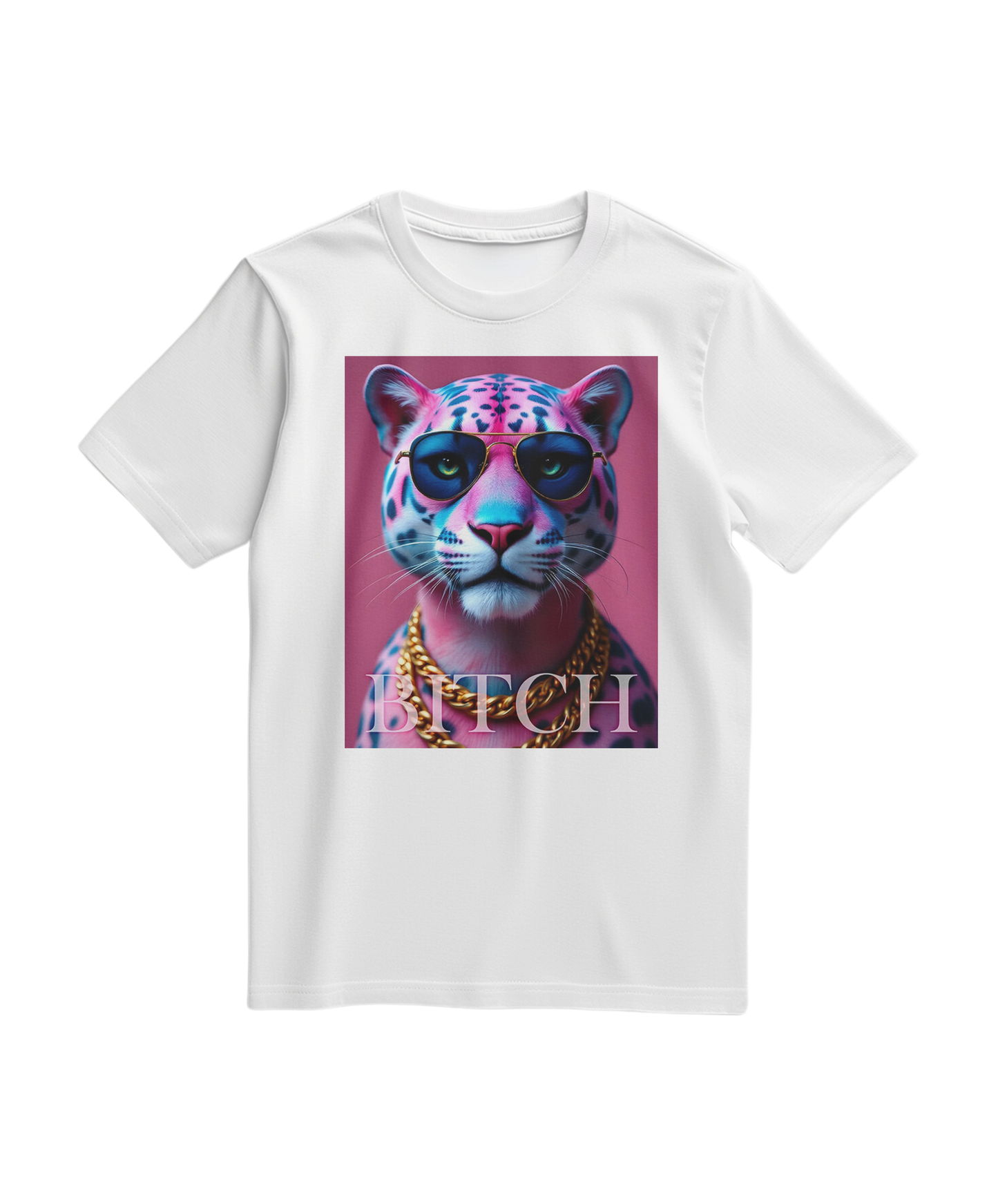 T-shirt branco Neon Jungle Boss da Camalestore com estampa colorida de temática selvagem e estilo casual.