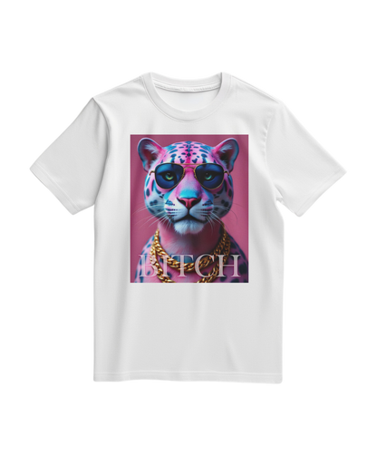 T-shirt branco Neon Jungle Boss da Camalestore com estampa colorida de temática selvagem e estilo casual.