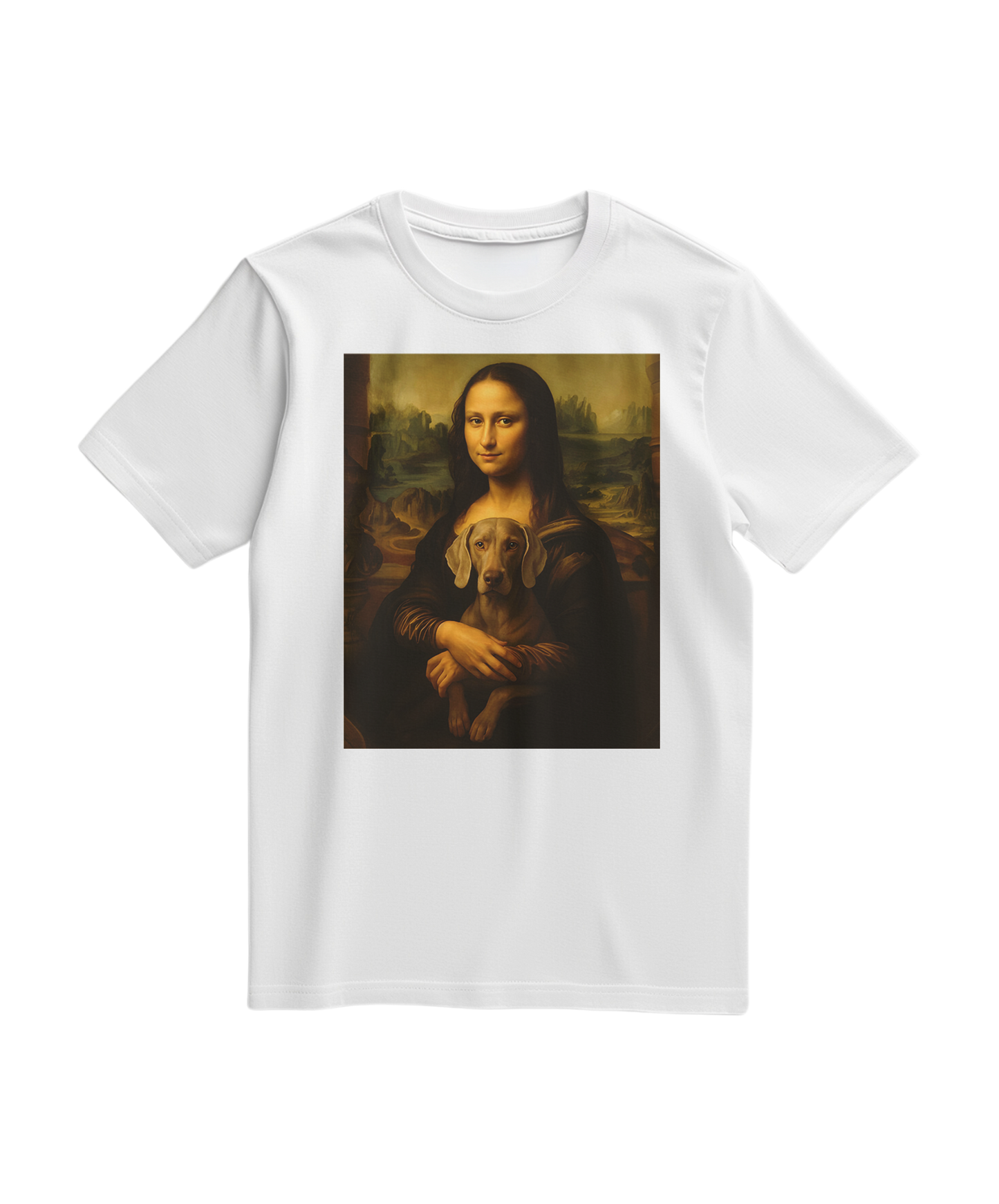 Camalestore T-shirt Mona Wei branca com estampa gráfica, manga curta e ajuste confortável, vista frontal.