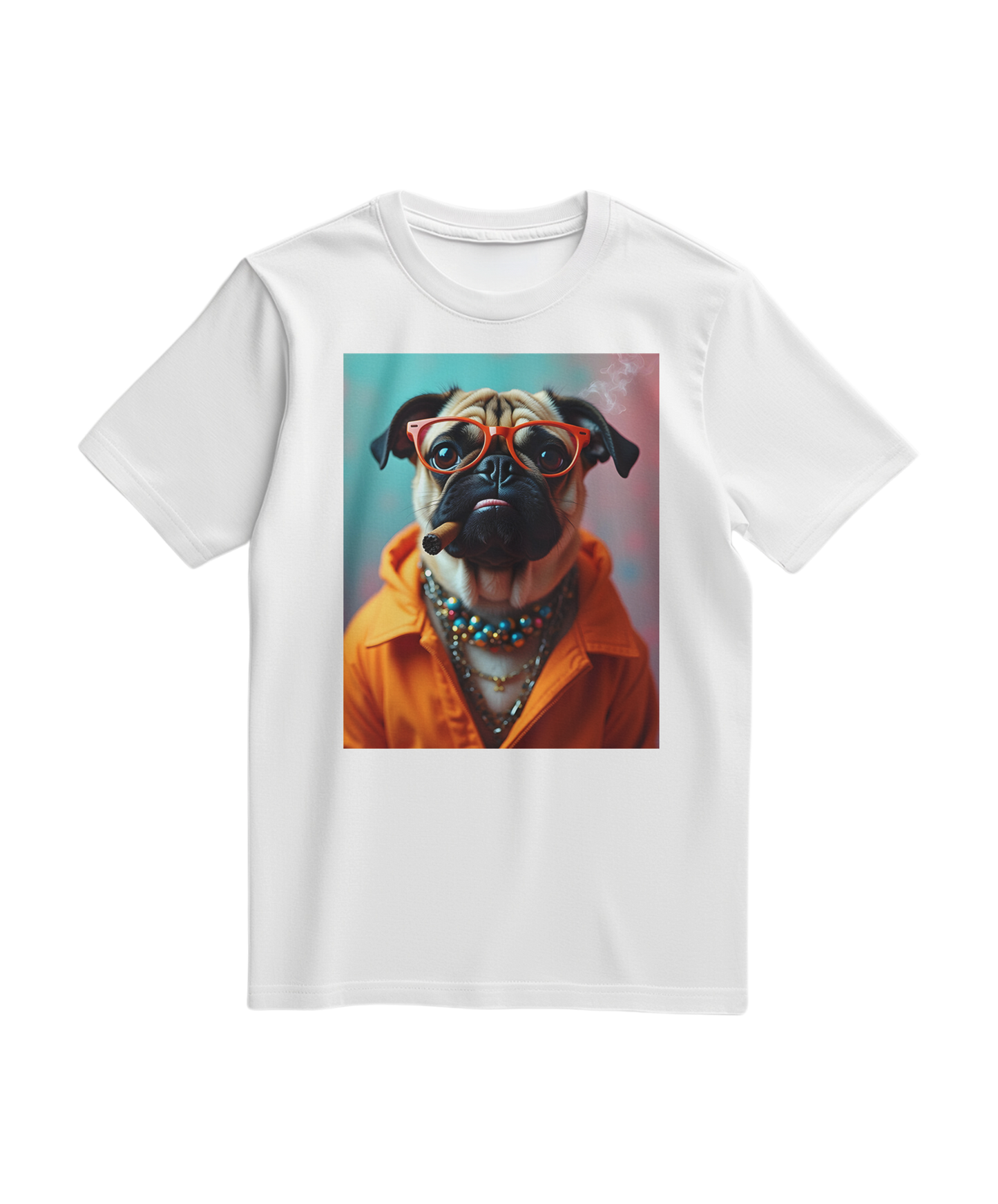 Camiseta laranja Pug Rebel da Camalestore, com estampa de pug e design casual, vista em uma pessoa.