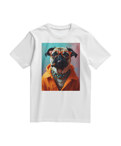 Camiseta laranja Pug Rebel da Camalestore, com estampa de pug e design casual, vista em uma pessoa.