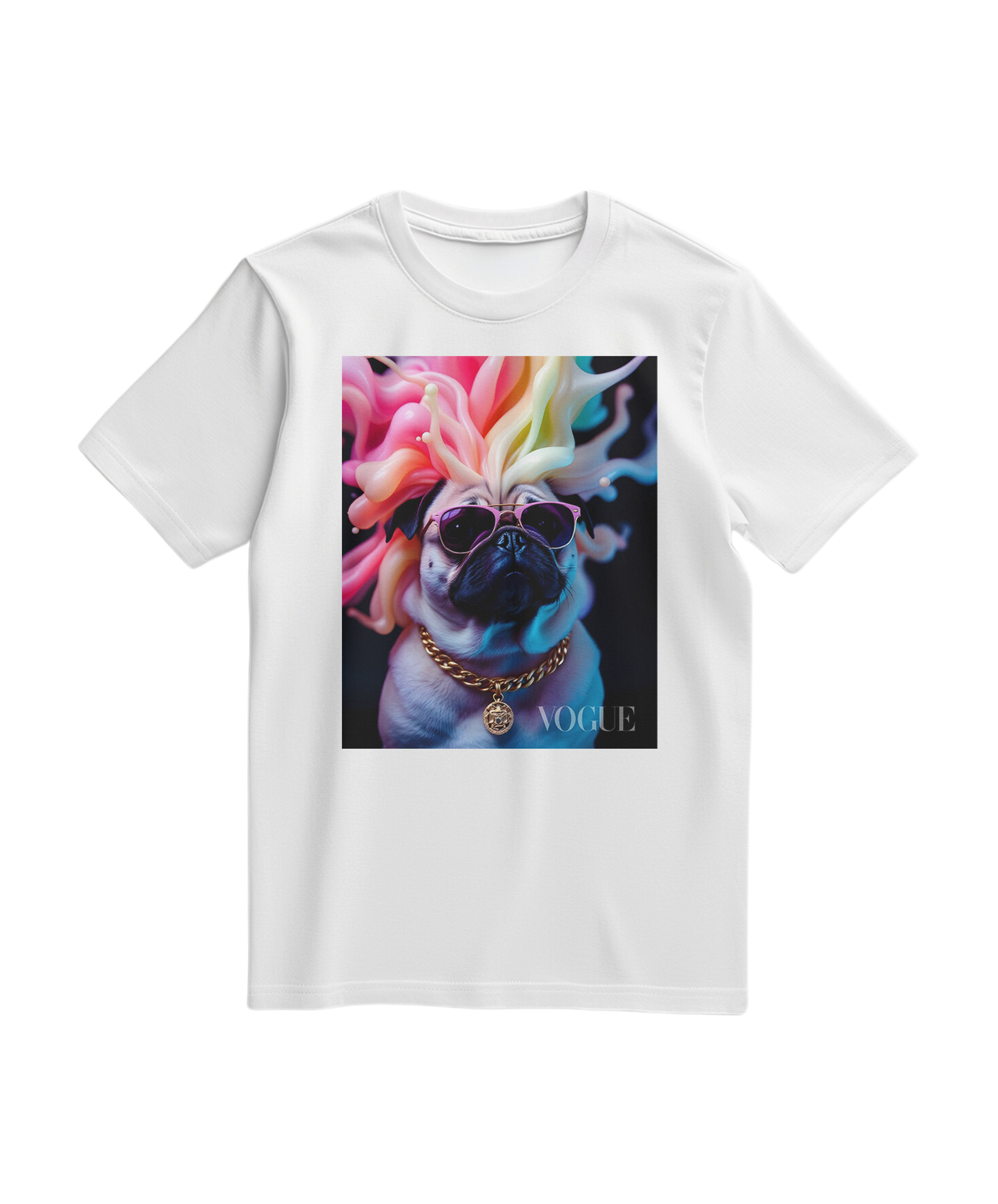Camiseta branca Pug Chromatic Elite da Camalestore, com estampa de pug colorido na frente, tecido confortável e design casual.