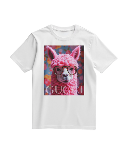T-shirt branca Camalestore com ícone de alpaca na frente, tecido confortável e design casual para uso diário.