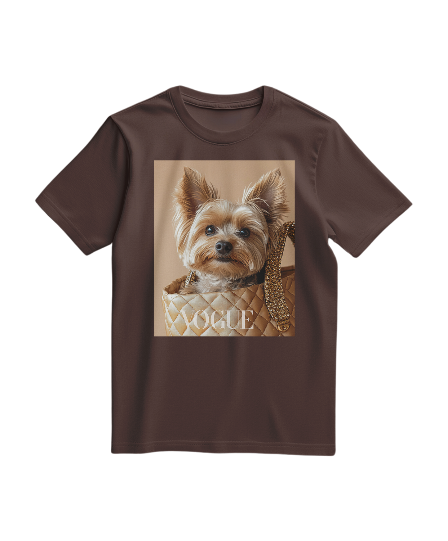 Camiseta marrom Yorkie Muse da Camalestore, com estampa de cachorro Yorkie, em tecido confortável e de alta qualidade.
