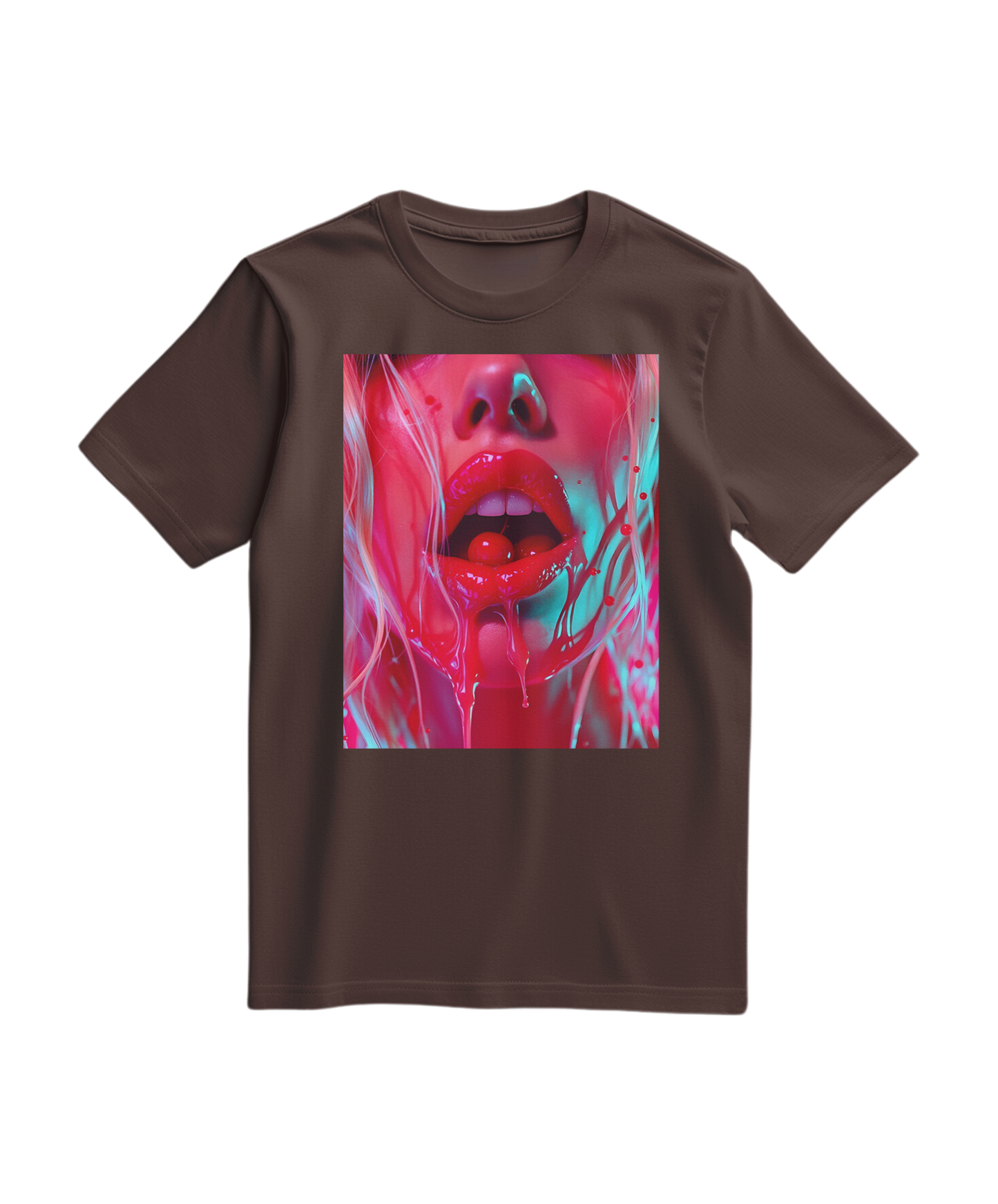 Camiseta Cherry Glaze da Camalestore em tom castanho com estampa de cereja, vista frontal, tecido confortável e casual.