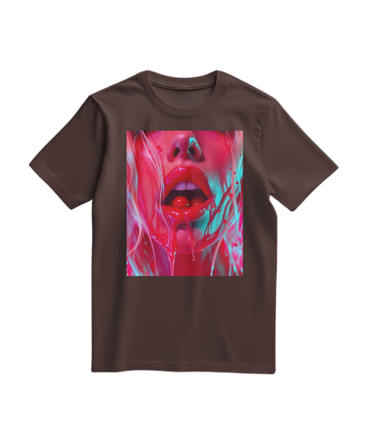 Camiseta Cherry Glaze da Camalestore em tom castanho com estampa de cereja, vista frontal, tecido confortável e casual.
