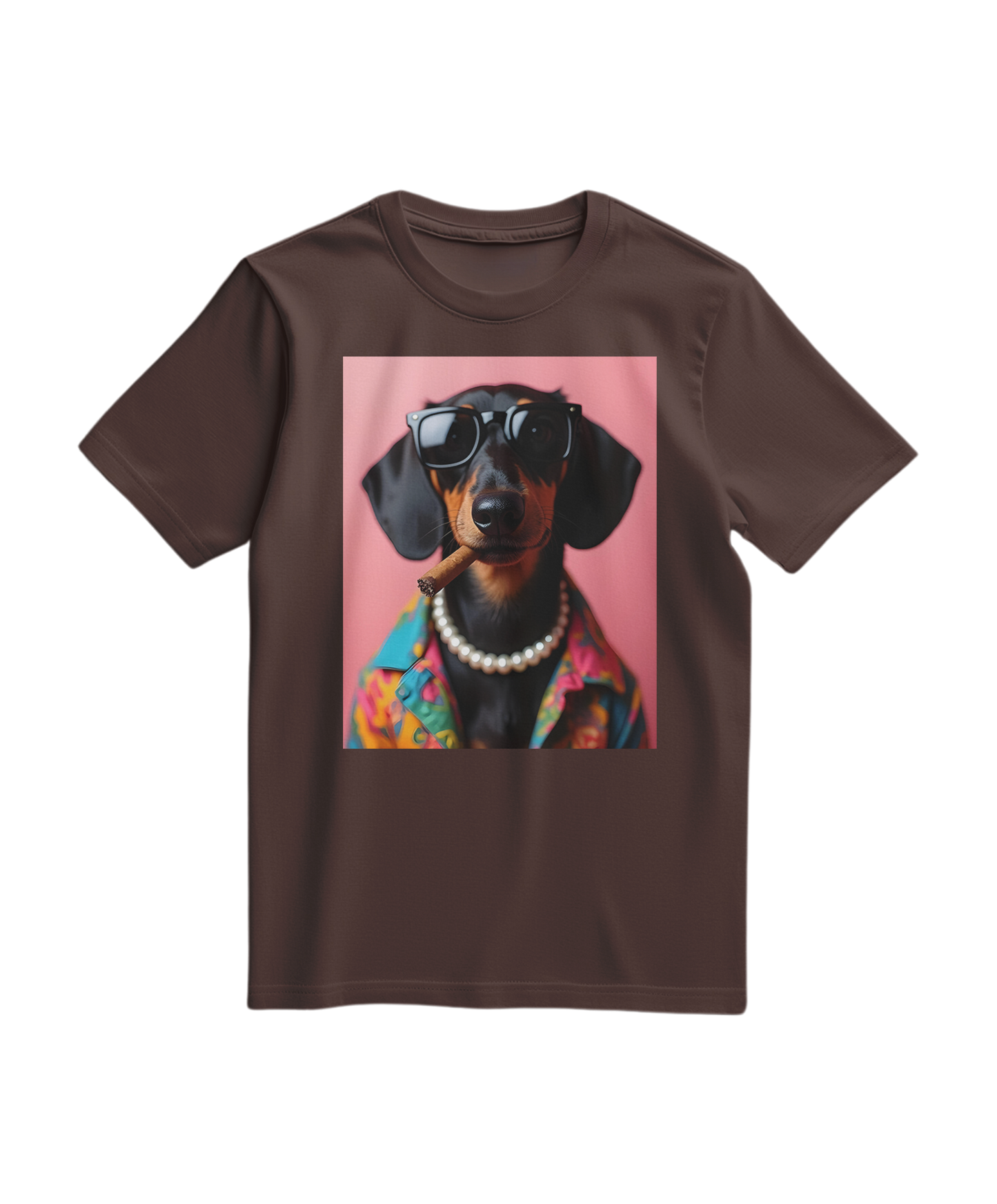 Camiseta Smoking Dachshund da Camalestore, camiseta casual com estampa de salsichinha fumando, cor marrom.