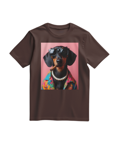 Camiseta Smoking Dachshund da Camalestore, camiseta casual com estampa de salsichinha fumando, cor marrom.