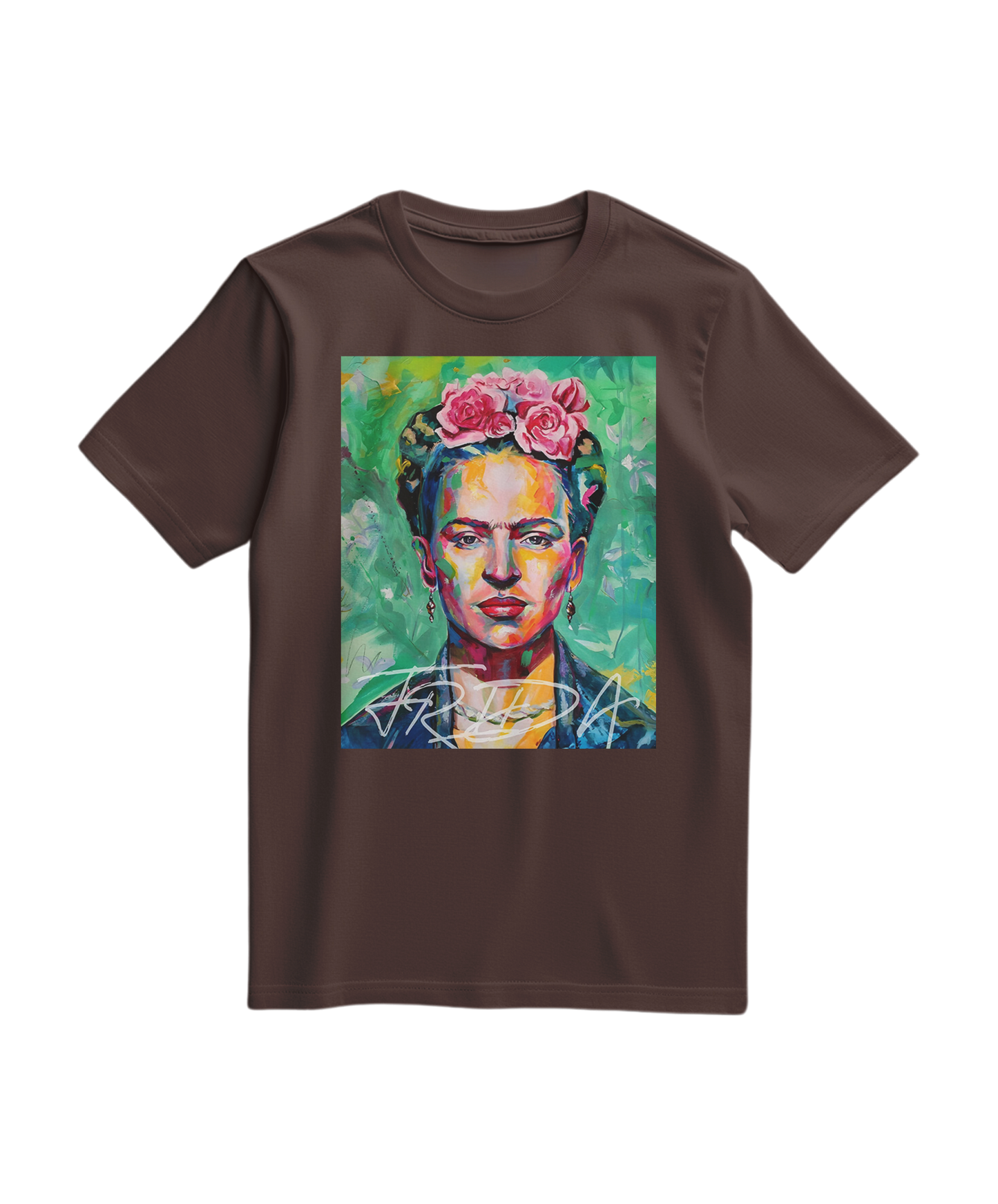 Camiseta Kahlo Chromatic da Camalestore, vista frontal com estampa colorida de Frida Kahlo em fundo marrom.