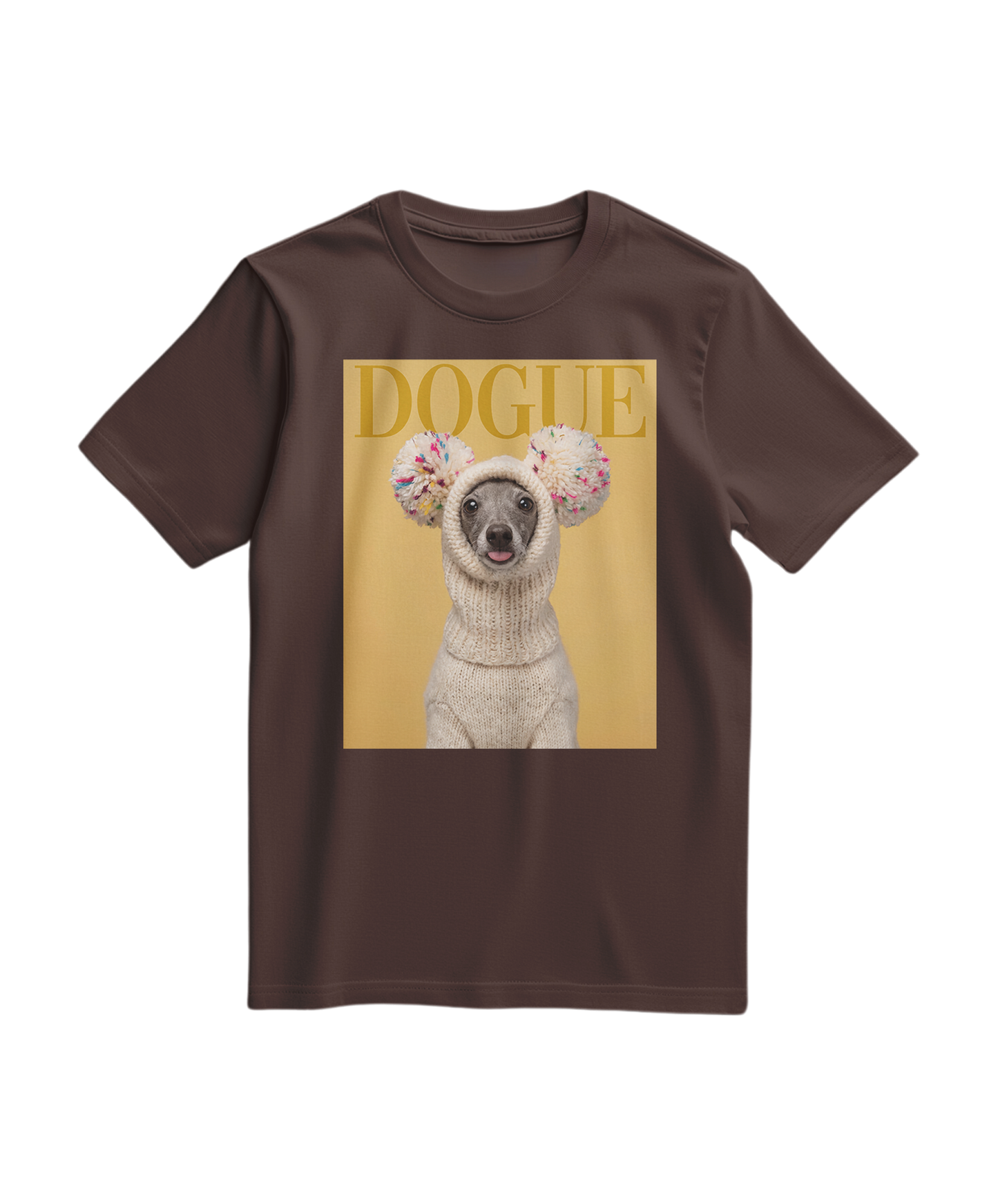 Camiseta Dogue Balaclava da Camalestore, confortável, com estampa de cão, cor castanho, vista frontal da peça.