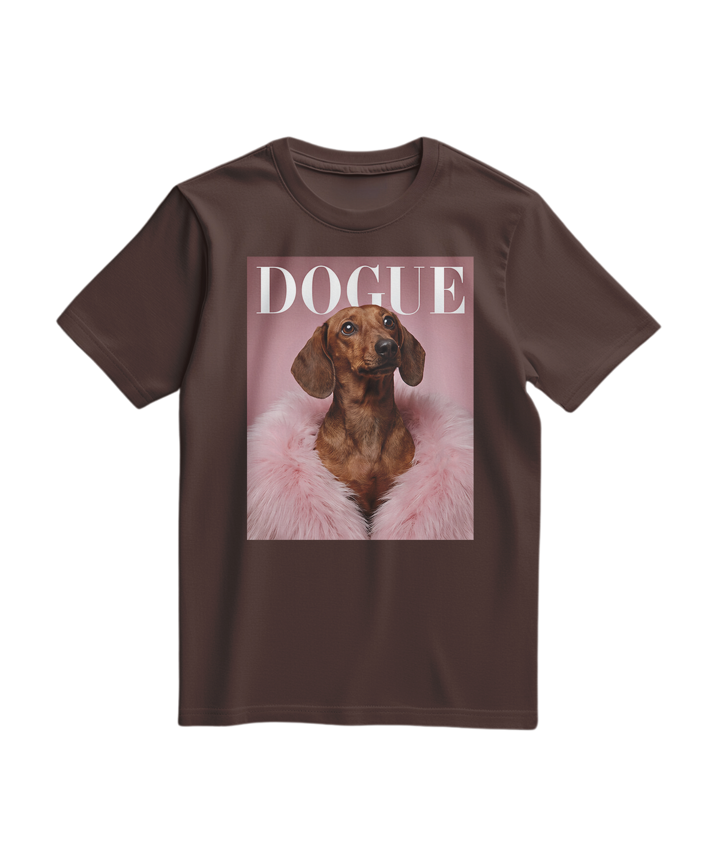Camiseta marrom Dachshund Muse da Camalestore, camiseta de algodão com estampa de cachorro salsicha, vista frontal.