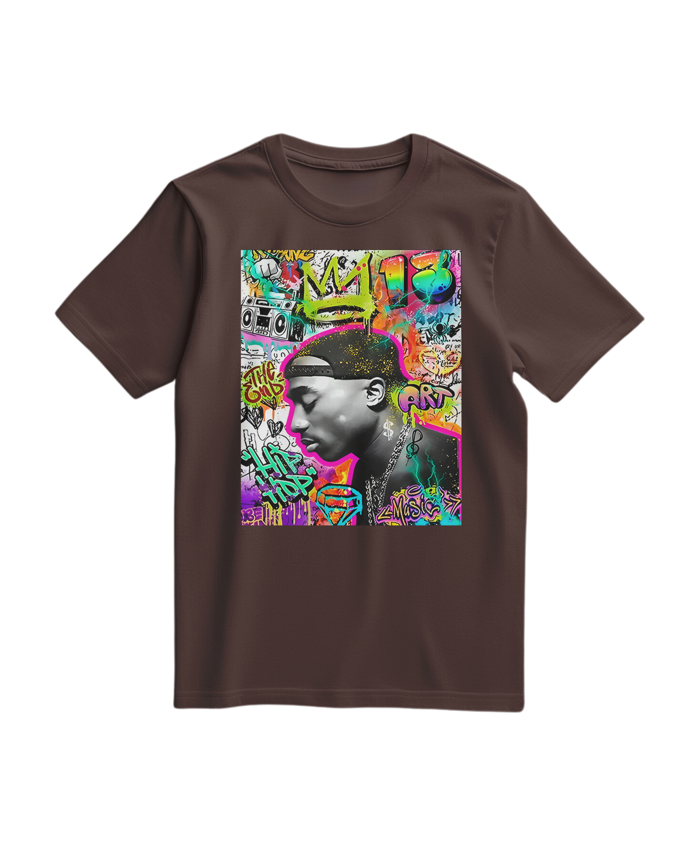 Camiseta Camalestore com estampa de grafite e cor de castanho, estilo casual e moderno, vista frontal da T-shirt.