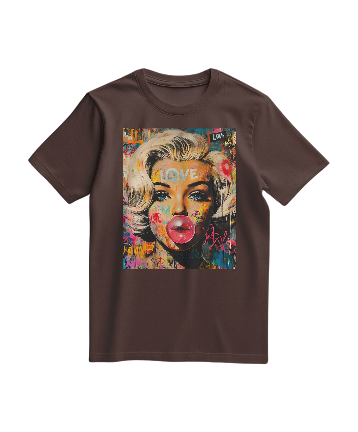 Camiseta Marilyn Pop Rebel da Camalestore, de cor castanho, com estampa de Marilyn Monroe no peito, vista frontal.