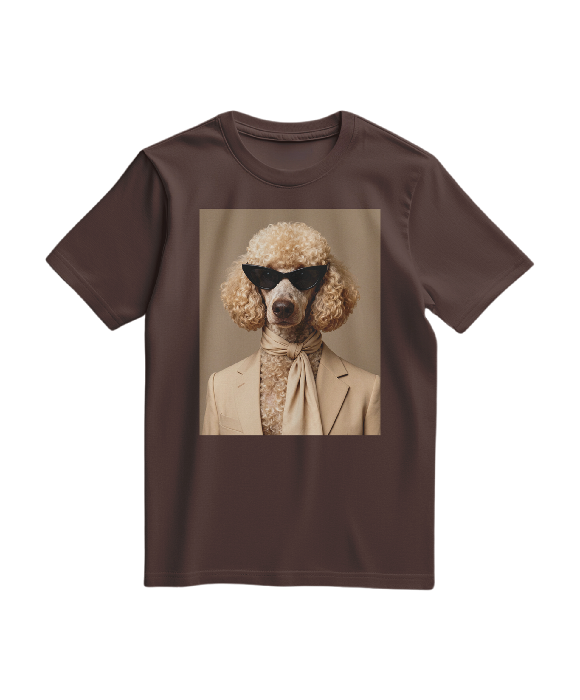 Camalestore camiseta Poodle Tailor marrom, confortável, com estampa de poodle, vista frontal, tecido macio.
