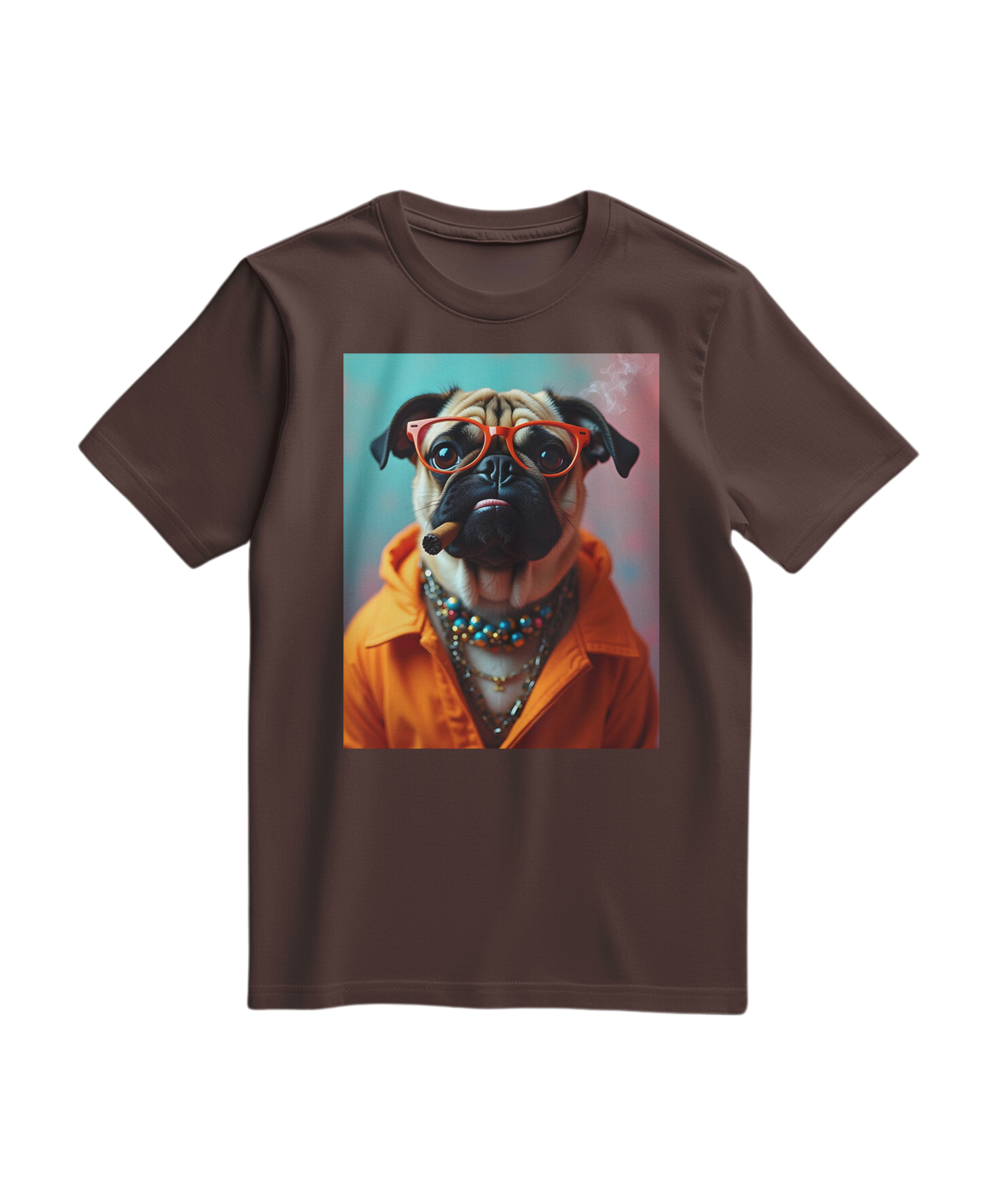 Camiseta laranja Pug Rebel da Camalestore, com estampa de buldogue, vista em modelo de frente.
