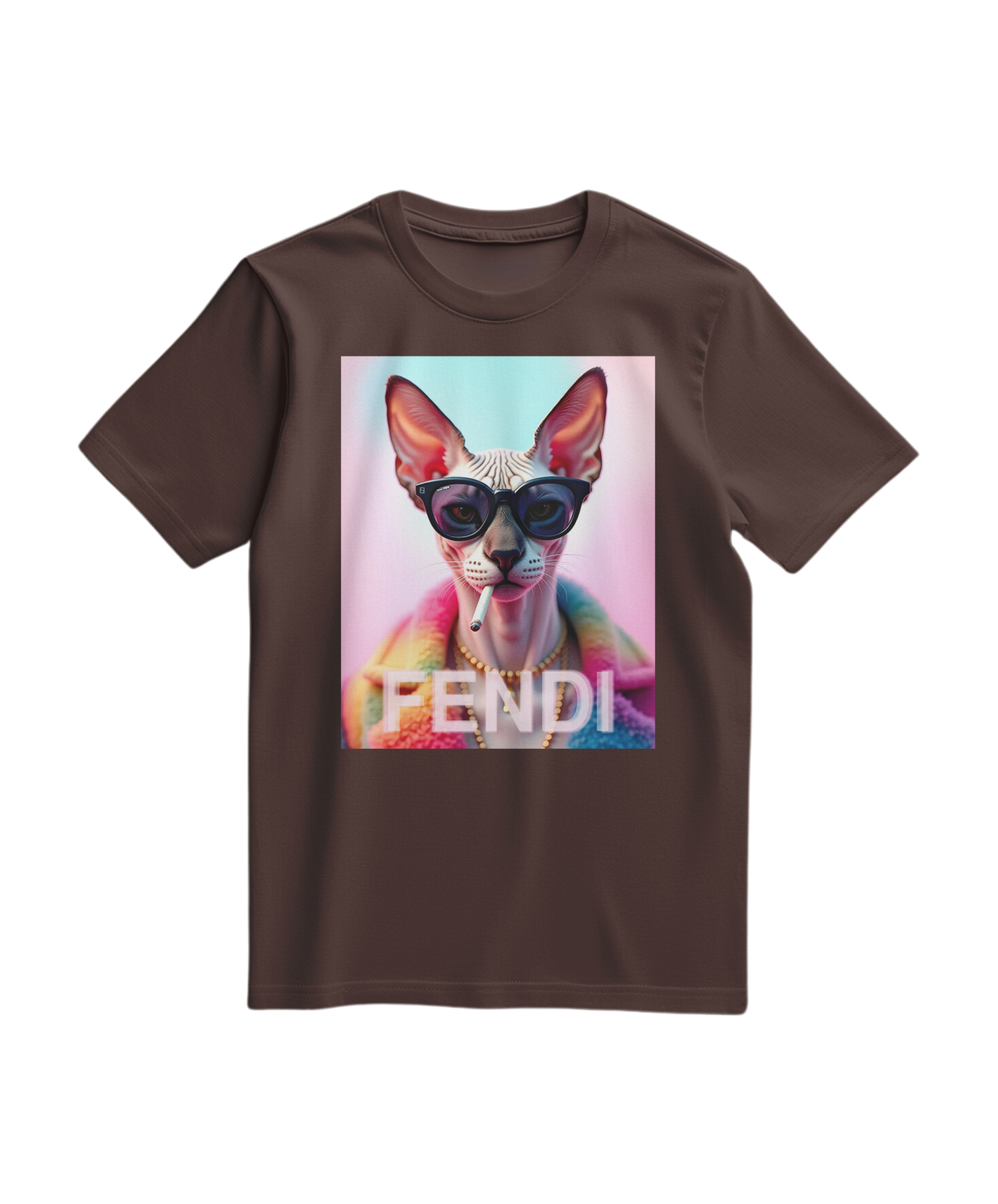 Camalestore T-shirt Sphynx Prism em tom castanho, com estampa de gato esfinge, tecido confortável e design moderno.