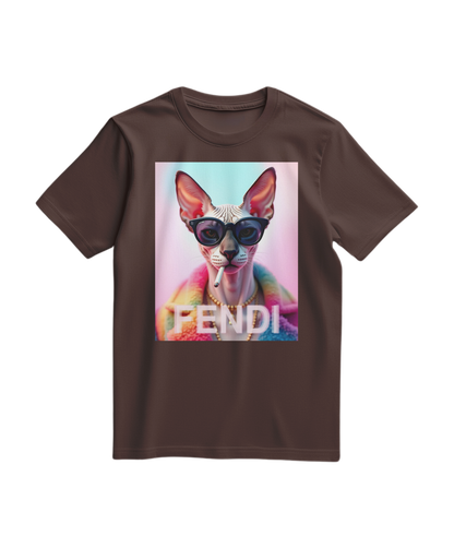 Camalestore T-shirt Sphynx Prism em tom castanho, com estampa de gato esfinge, tecido confortável e design moderno.