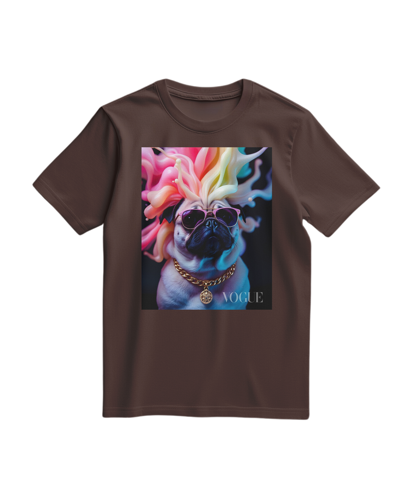 Camiseta Pug Chromatic Elite, t-shirt marrom com estampa de pug colorido, feita pela Camalestore, vista frontal.