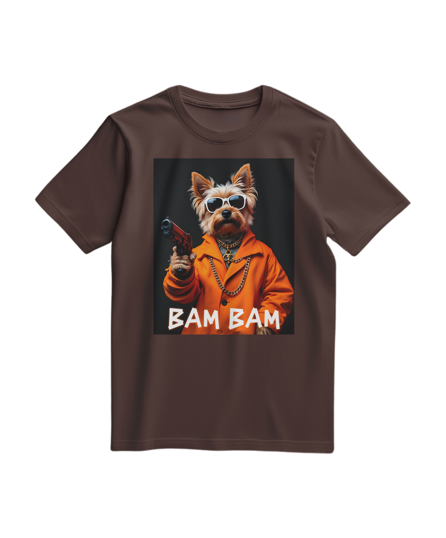 Camiseta Bam Bam Gangster da Camalestore, t-shirt marrom com estampa de personagem e detalhes gráficos na frente.