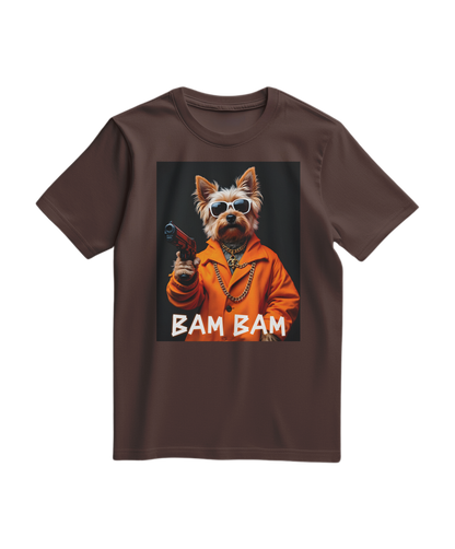 Camiseta Bam Bam Gangster da Camalestore, t-shirt marrom com estampa de personagem e detalhes gráficos na frente.