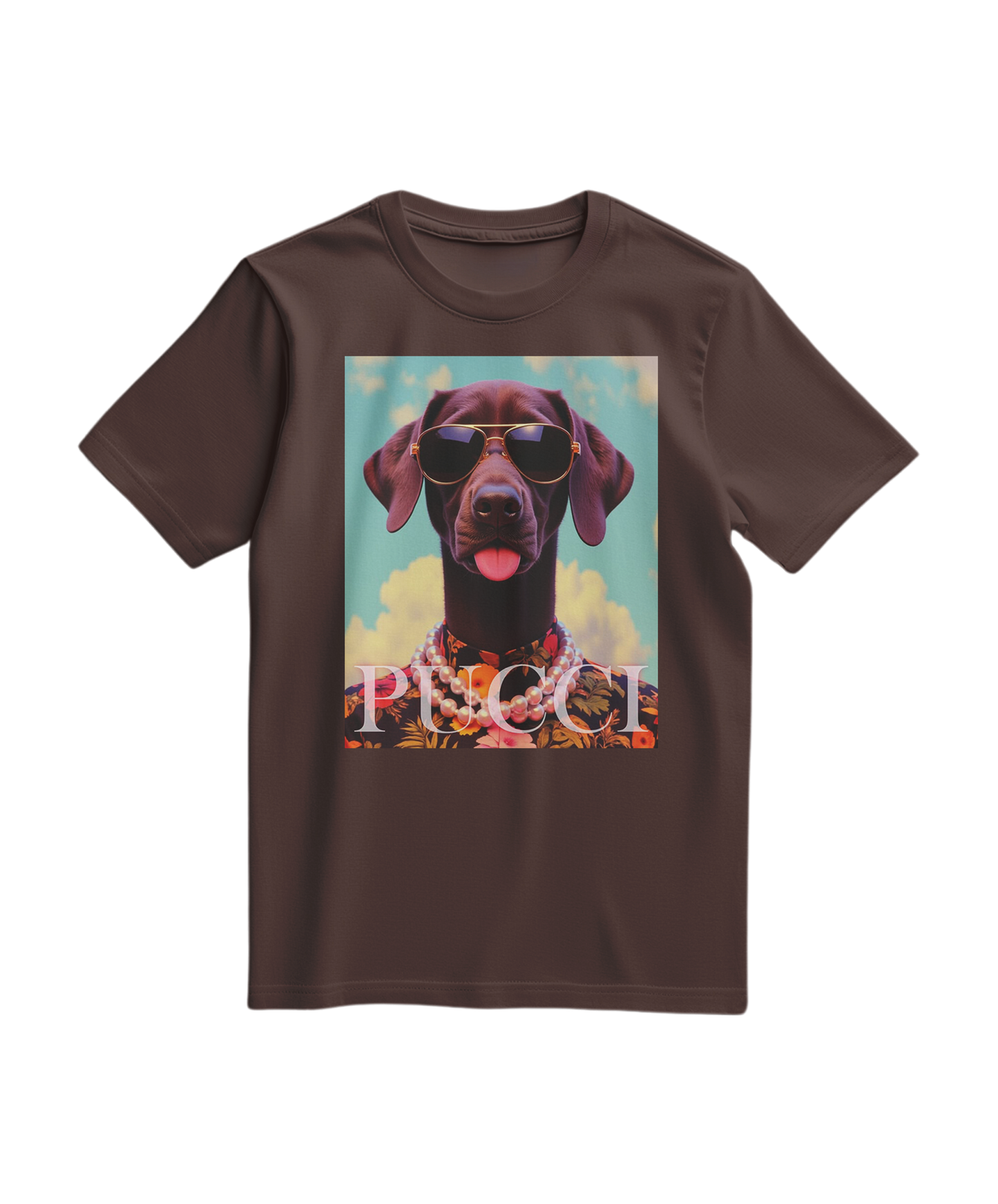 T-shirt tropical Pooch da Camalestore, em tom castanho, com estampa de padrão tropical e desenho de cão, em tecido confortável.