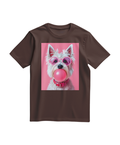 Camiseta Bubble Terrier da Camalestore, t-shirt marrom com estampa de cachorros bubble terrier, modelo casual e confortável