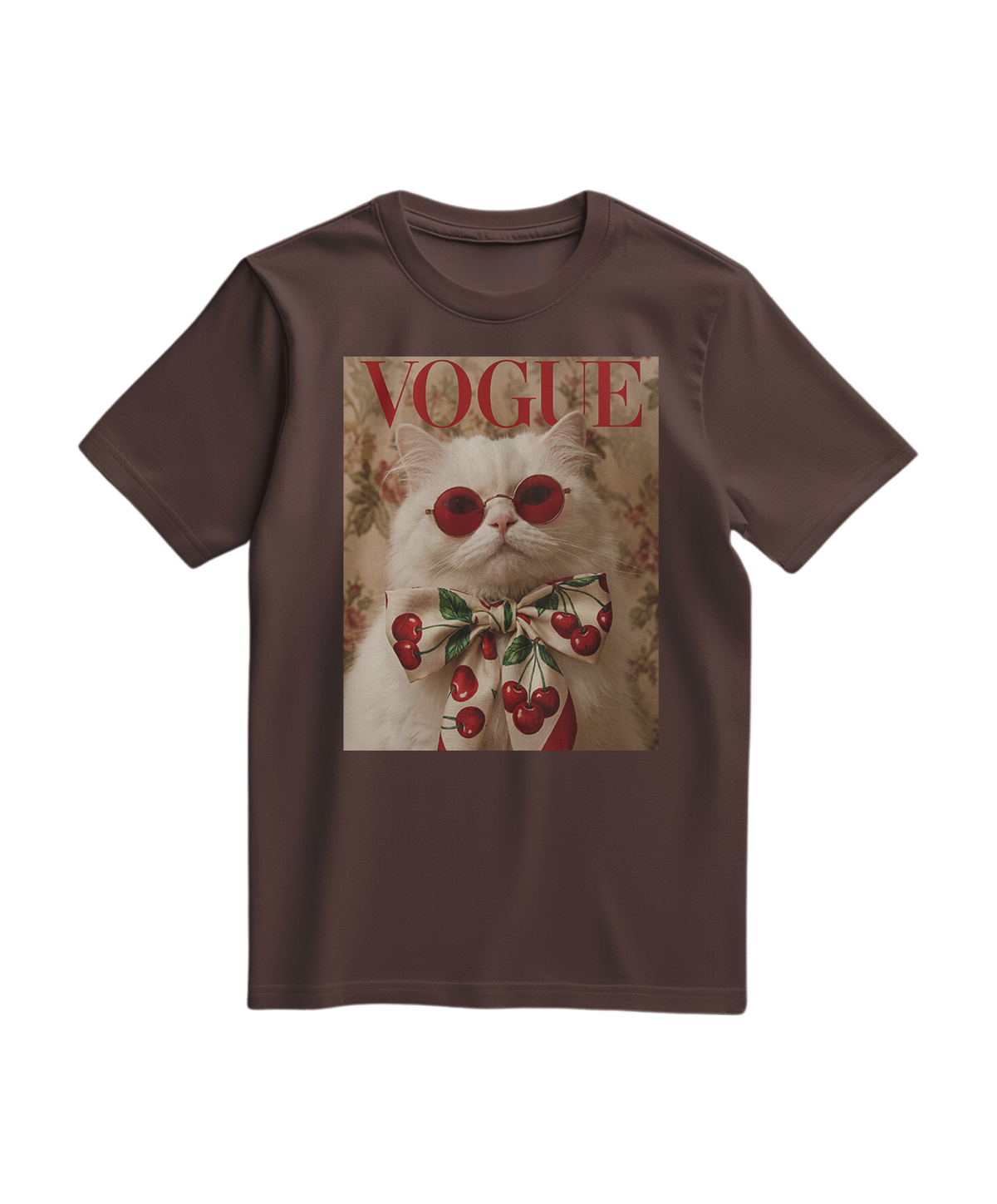Camiseta Velvet Cherry da Camalestore, T-shirt marrom com estampa de cereja e tecido aveludado.