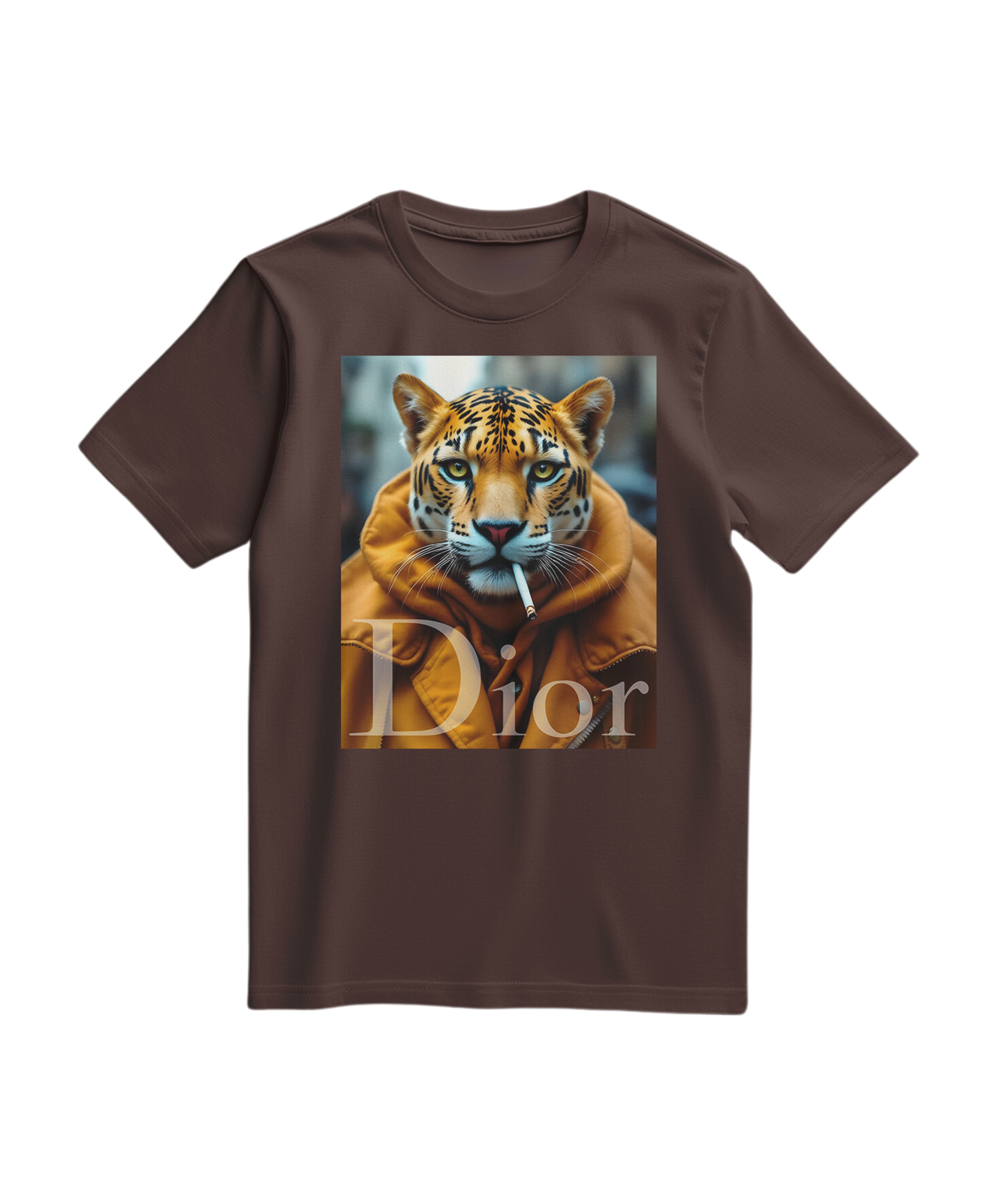 Camiseta Jaguar Raw da Camalestore, com estampa de onça em tom castanho, vista frente, tecido confortável e design moderno.