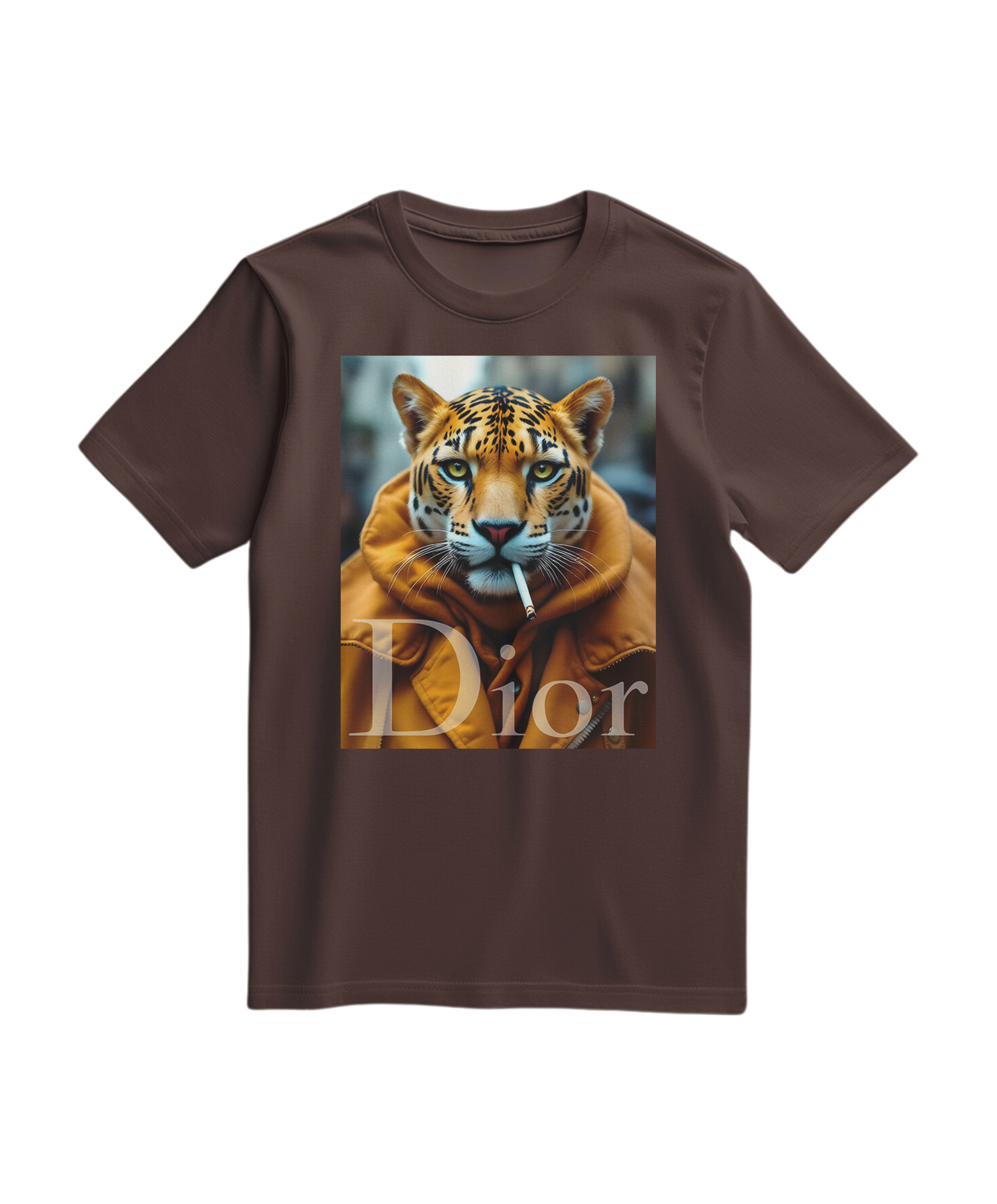 Camiseta Jaguar Raw da Camalestore, com estampa de onça em tom castanho, vista frente, tecido confortável e design moderno.