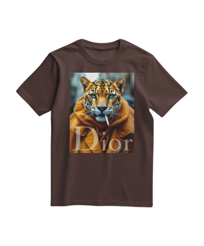 Camiseta Jaguar Raw da Camalestore, com estampa de onça em tom castanho, vista frente, tecido confortável e design moderno.