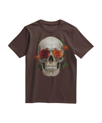 Camalestore camiseta cinza com estampa de caveira e rosa, estilo casual e moderno, ideal para looks despojados e estilosos